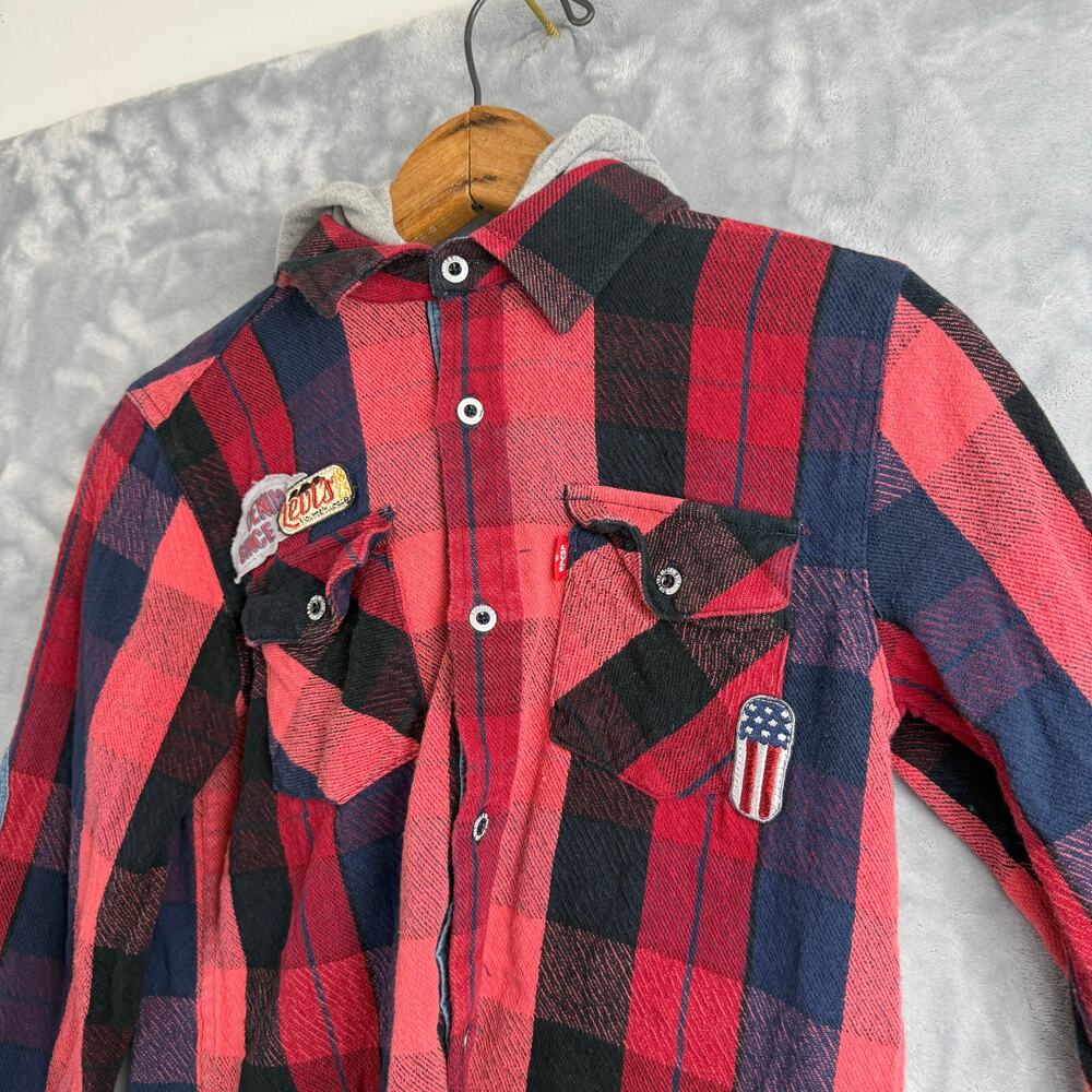 Levi's Shirt Youth Small 8-10 YRS Plaid Hooded Flannel Button Down‎ Red